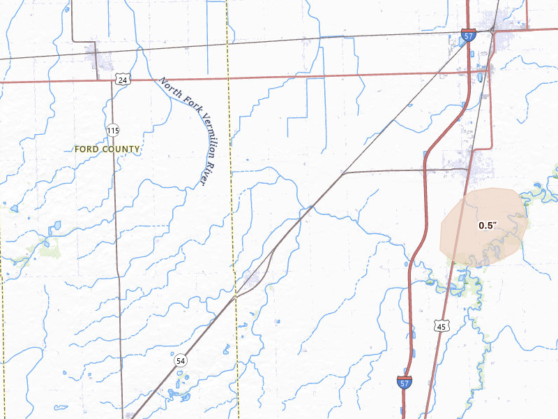 Radar-estimated hail-size map of the storm over Onarga, IL on Jul 10, 2026