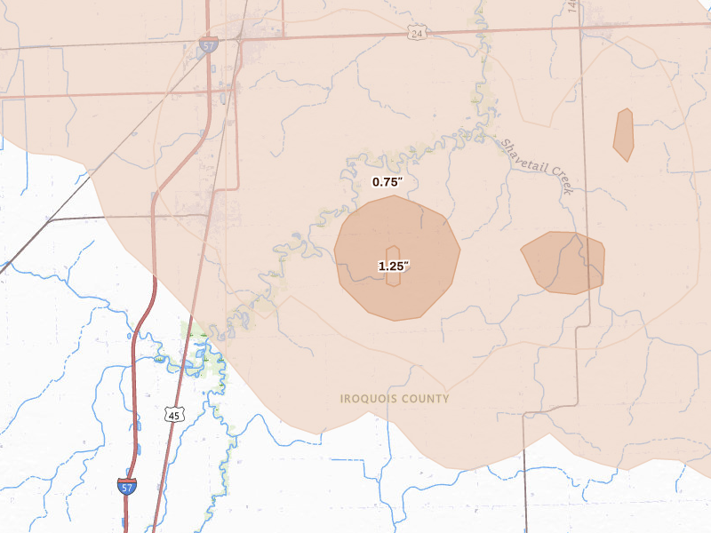 Radar-estimated hail-size map of the storm over Onarga, IL on Aug 9, 2026