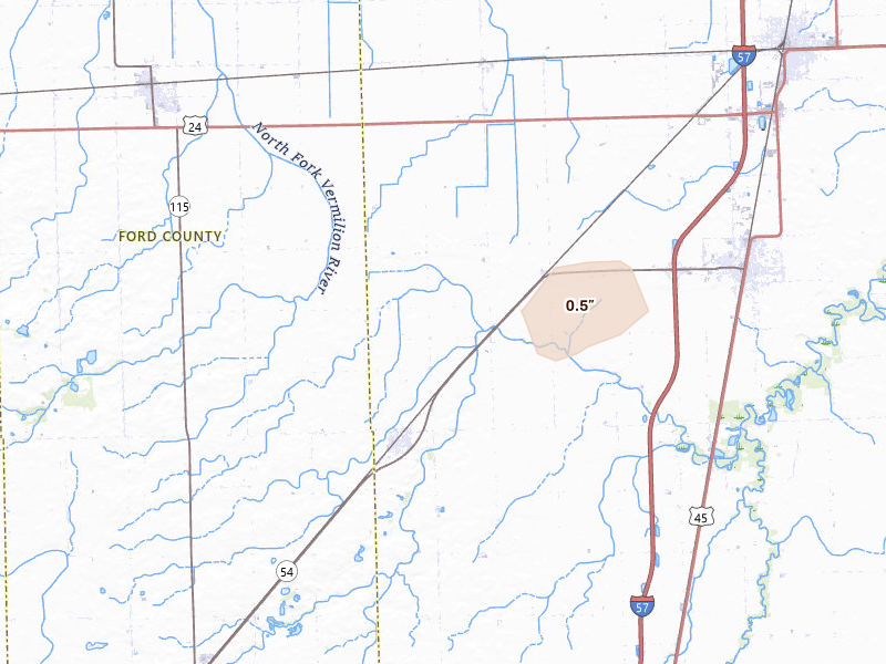 Radar-estimated hail-size map of the storm over Onarga, IL on Aug 13, 2026