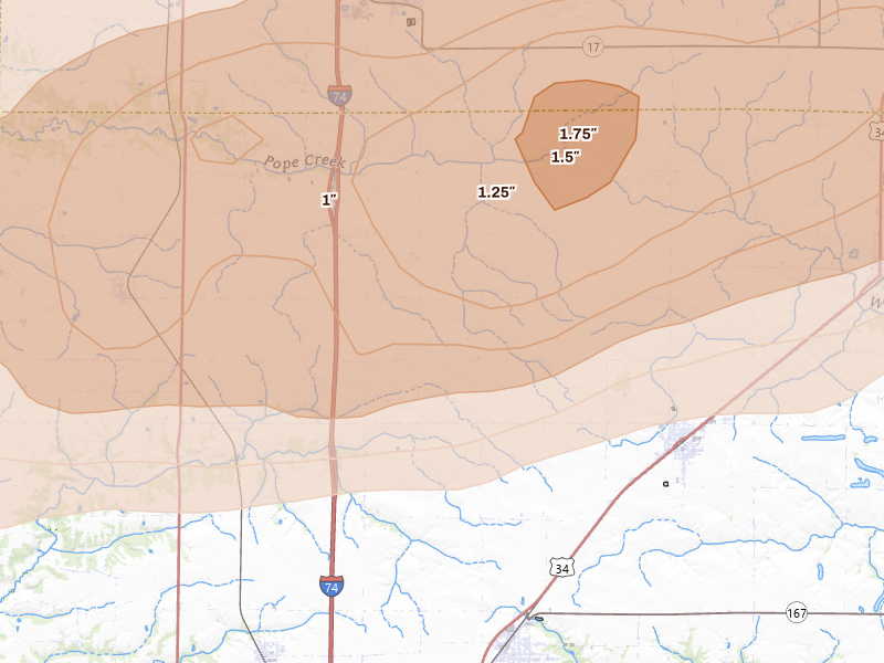 Radar-estimated hail-size map of the storm over Oneida, IL on Mar 10, 2026