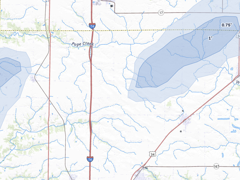 NEXRAD radar-signature map of the hail storm over Oneida, IL on Jul 3, 2026