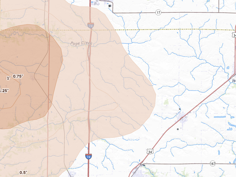 Radar-estimated hail-size map of the storm over Oneida, IL on Aug 12, 2026