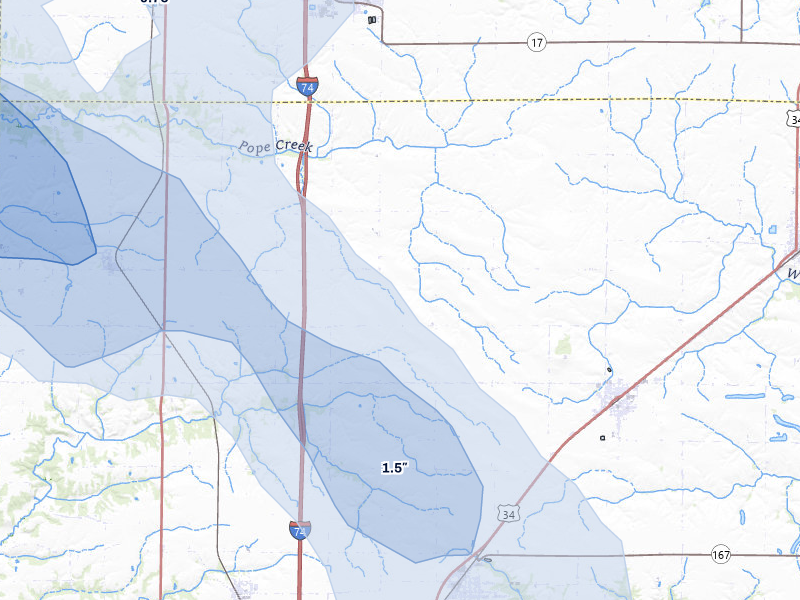 NEXRAD radar-signature map of the hail storm over Oneida, IL on Aug 12, 2026