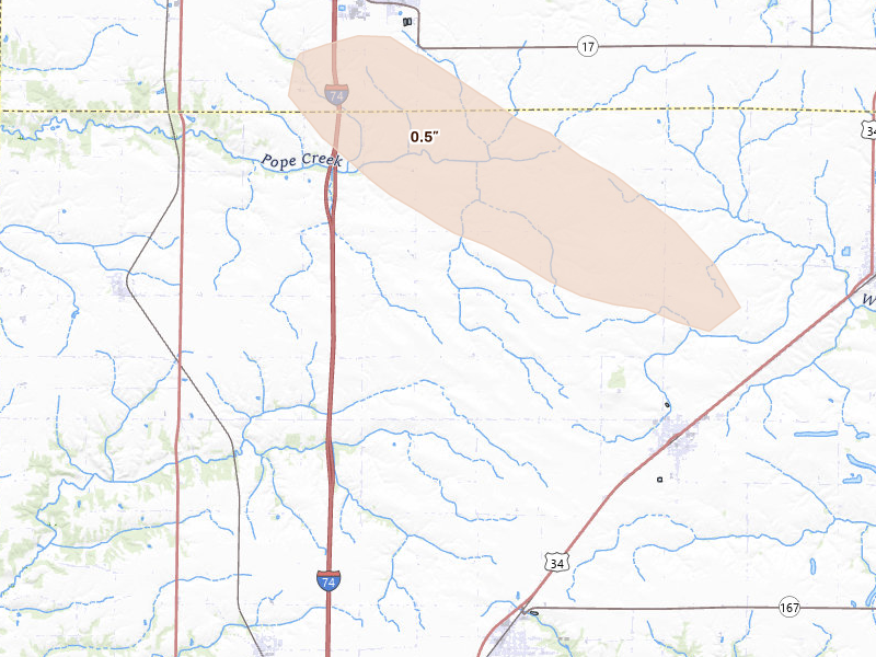 Radar-estimated hail-size map of the storm over Oneida, IL on Aug 21, 2026