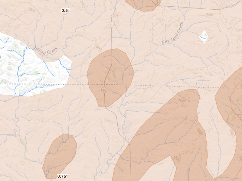 Radar-estimated hail-size map of the storm over Orangeville, IL on Apr 17, 2026