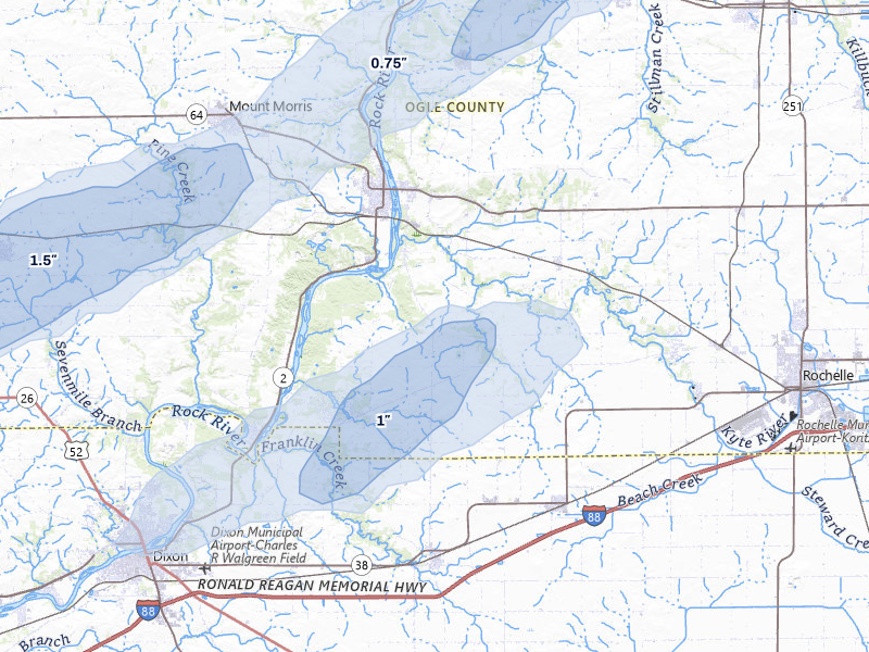 NEXRAD radar-signature map of the hail over Oregon, IL