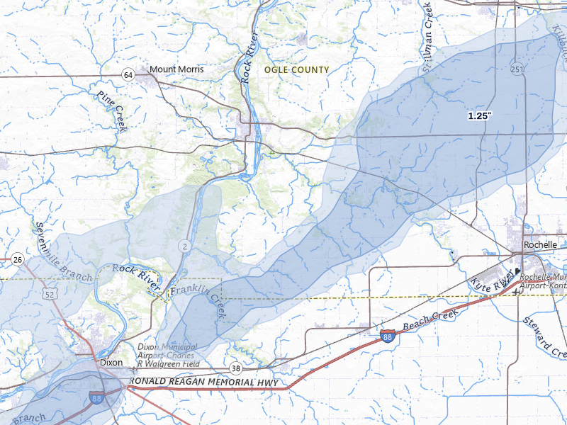 NEXRAD radar-signature map of the hail over Oregon, IL