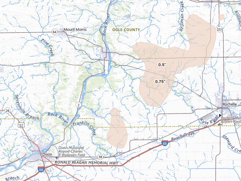 Radar-estimated hail-size map of the storm over Oregon, IL on Apr 17, 2026