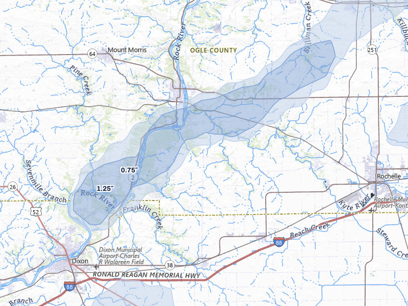 NEXRAD radar-signature map of the hail over Oregon, IL