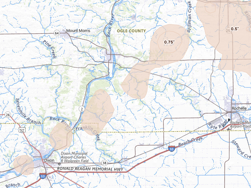 Radar-estimated hail-size map of the storm over Oregon, IL on Jun 11, 2026