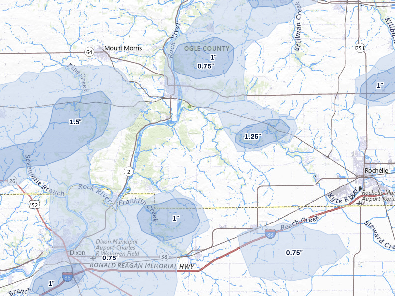 NEXRAD radar-signature map of the hail storm over Oregon, IL on Jul 3, 2026