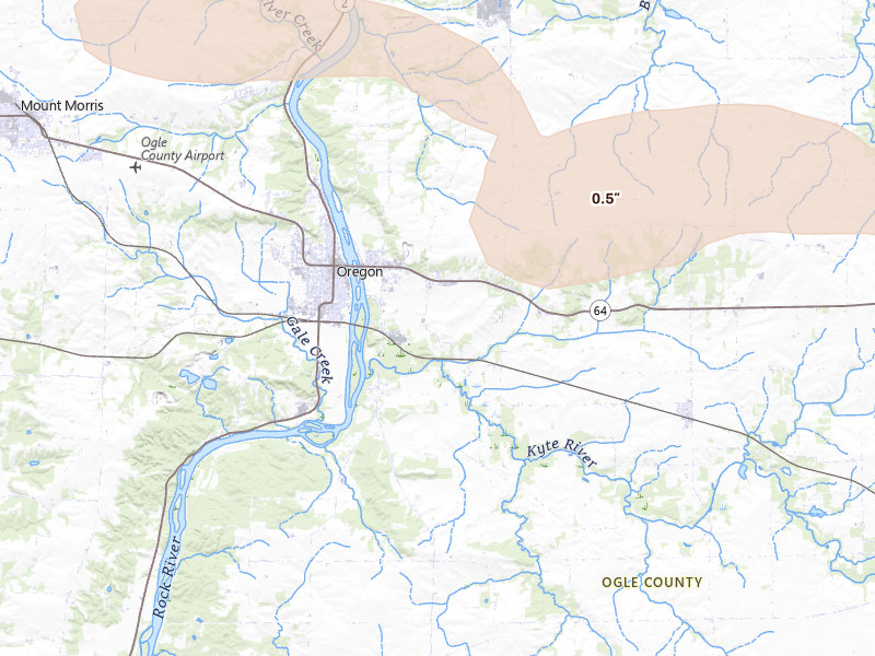 Radar-estimated hail-size map of the storm over Oregon, IL on Aug 11, 2026