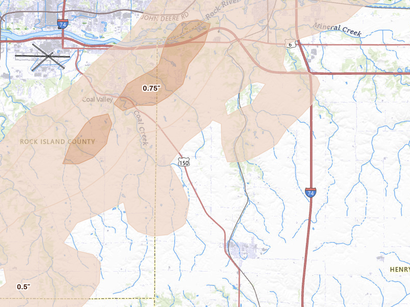 Radar-estimated hail-size map of the storm over Orion, IL on Apr 2, 2026
