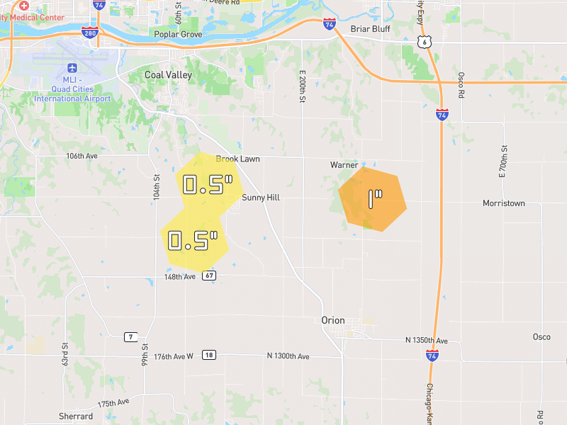 Hail map of Orion, IL on Jun 6, 2026, hail up to 1"