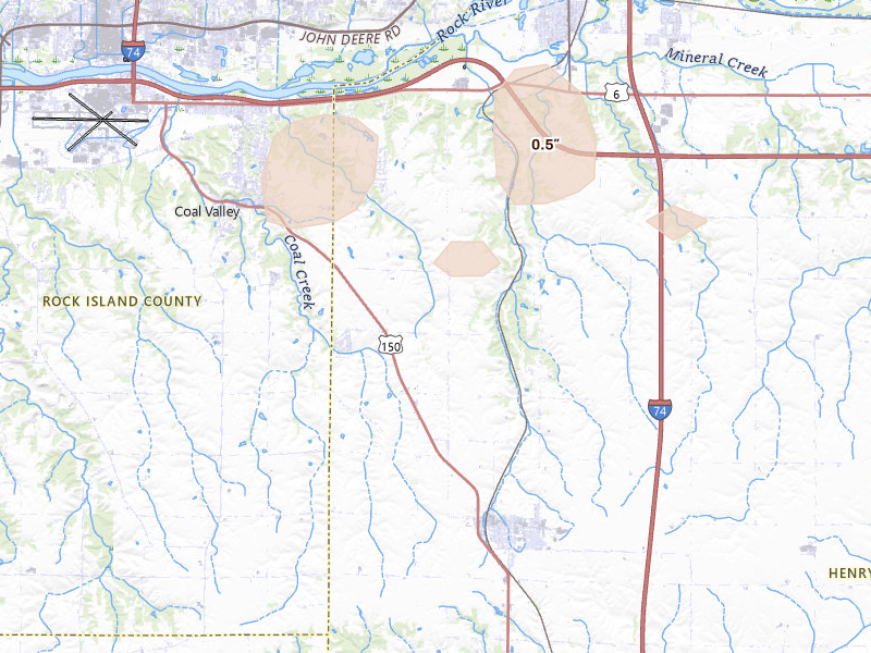Radar-estimated hail-size map of the storm over Orion, IL on Aug 21, 2026