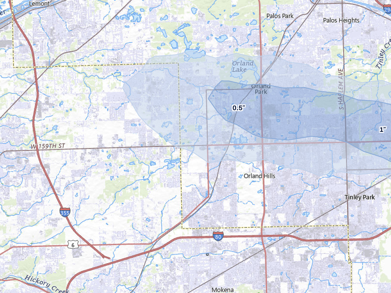 NEXRAD radar-signature map of the hail storm over Orland Park, IL on Apr 21, 2026