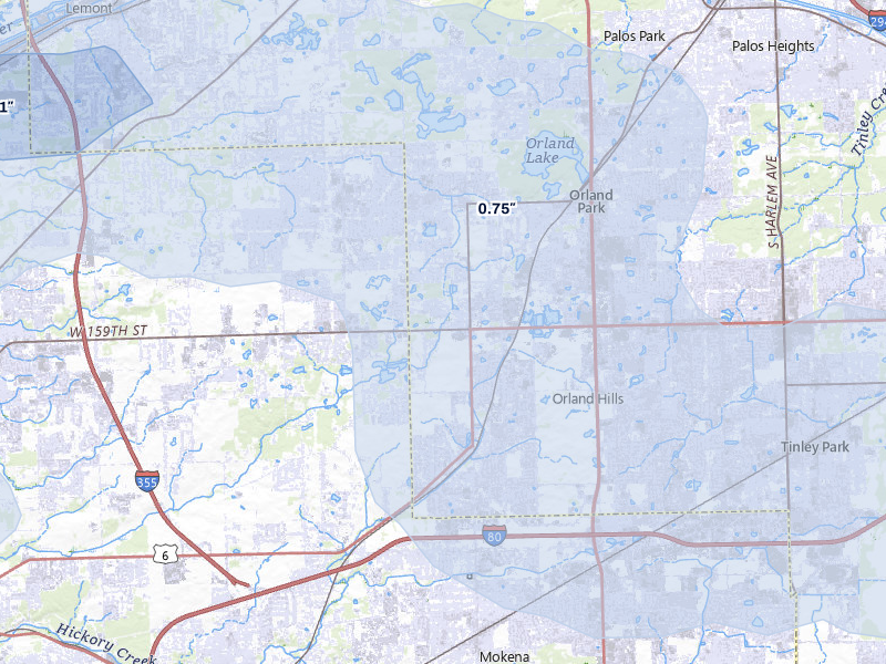 NEXRAD radar-signature map of the hail storm over Orland Park, IL on May 4, 2026