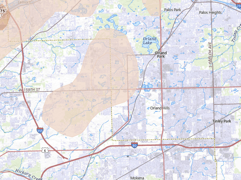 Radar-estimated hail-size map of the storm over Orland Park, IL on Jun 10, 2026