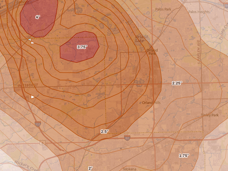 Radar-estimated hail-size map of the storm over Orland Park, IL on Jul 27, 2026