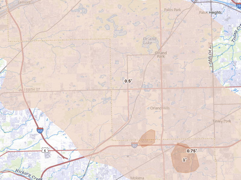 Radar-estimated hail-size map of the storm over Orland Park, IL on Aug 9, 2026