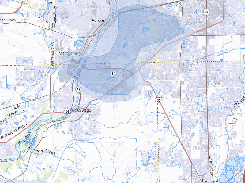 NEXRAD radar-signature map of the hail over Oswego, IL