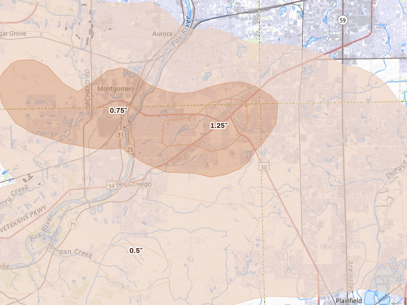 Radar-estimated hail-size map of the storm over Oswego, IL on Mar 30, 2026