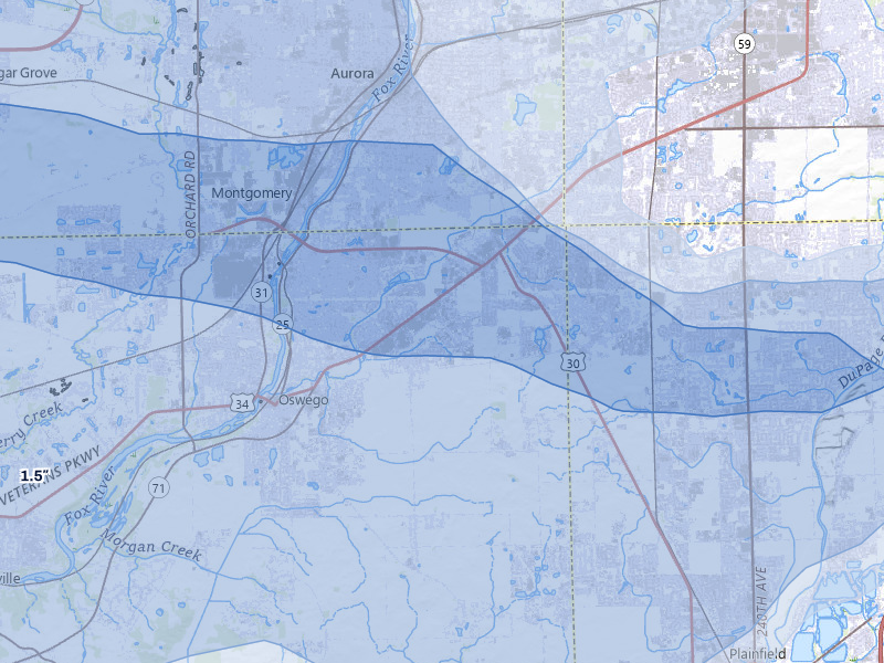 NEXRAD radar-signature map of the hail storm over Oswego, IL on Mar 30, 2026