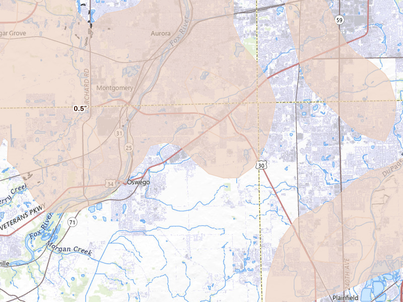 Radar-estimated hail-size map of the storm over Oswego, IL on Jun 10, 2026