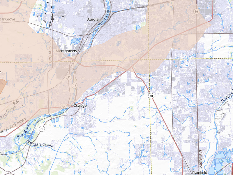 Radar-estimated hail-size map of the storm over Oswego, IL on Jul 2, 2026