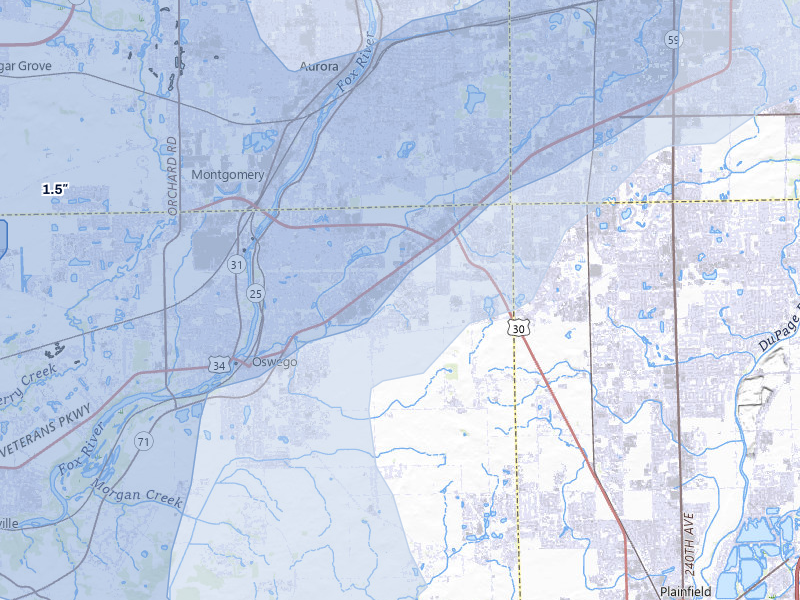 NEXRAD radar-signature map of the hail over Oswego, IL