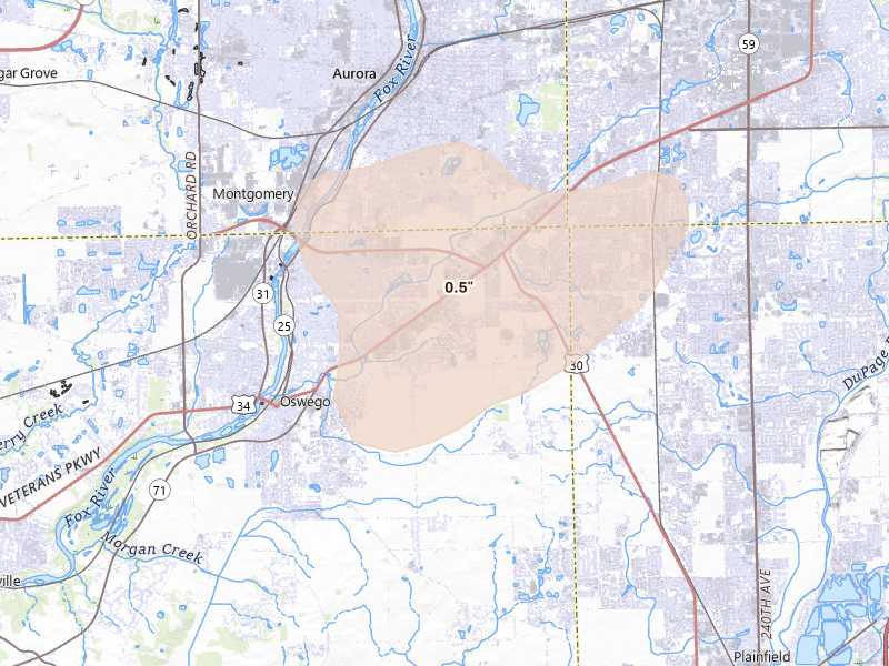 Radar-estimated hail-size map of the storm over Oswego, IL on Jul 3, 2026
