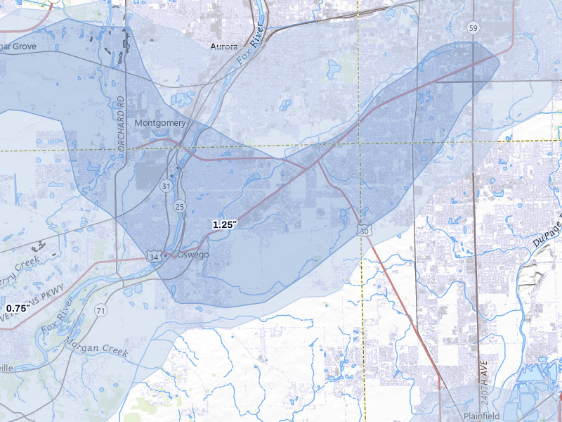 NEXRAD radar-signature map of the hail storm over Oswego, IL on Jul 3, 2026