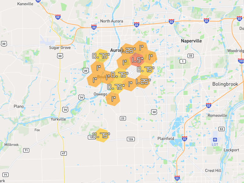 Hail map of Oswego, IL on Jul 3, 2026, hail up to 1.5"
