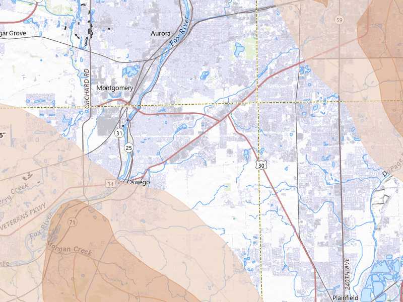 Radar-estimated hail-size map of the storm over Oswego, IL on Jul 27, 2026
