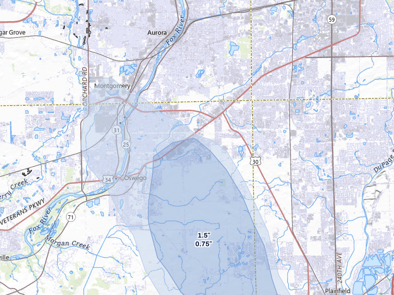 NEXRAD radar-signature map of the hail storm over Oswego, IL on Jul 27, 2026
