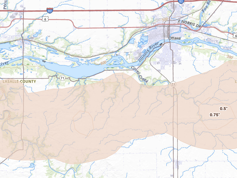 Radar-estimated hail-size map of the storm over Ottawa, IL on Mar 31, 2026