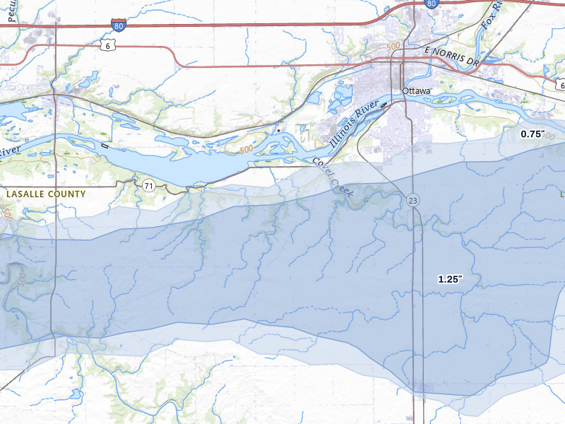 NEXRAD radar-signature map of the hail over Ottawa, IL