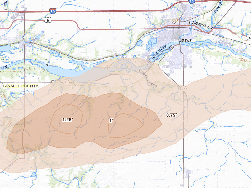Radar-estimated hail-size map of the storm over Ottawa, IL on Apr 13, 2026