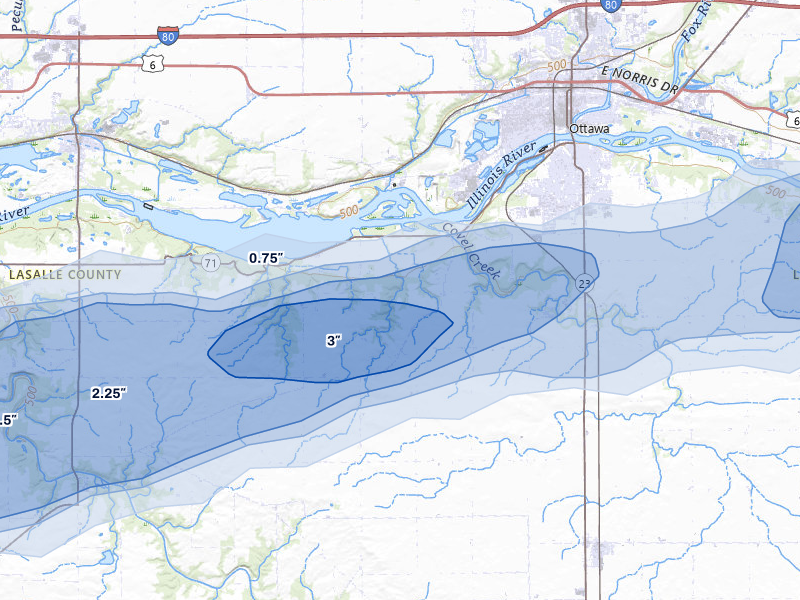 NEXRAD radar-signature map of the hail over Ottawa, IL