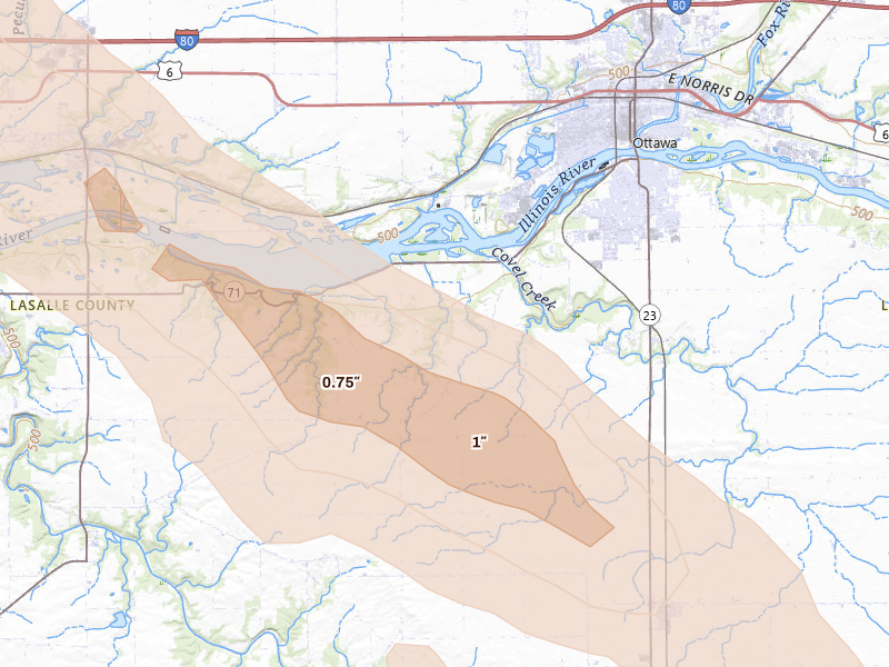 Radar-estimated hail-size map of the storm over Ottawa, IL on Jun 24, 2026