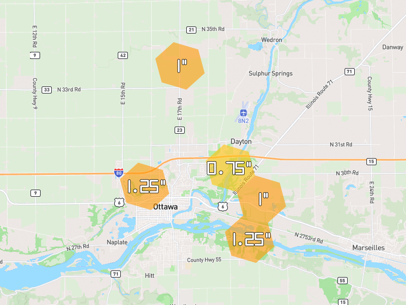 Hail map of Ottawa, IL on Jul 3, 2026, hail up to 1.25"