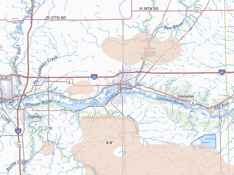 Radar-estimated hail-size map of the storm over Ottawa, IL on Aug 9, 2026