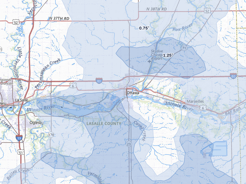 NEXRAD radar-signature map of the hail storm over Ottawa, IL on Aug 9, 2026