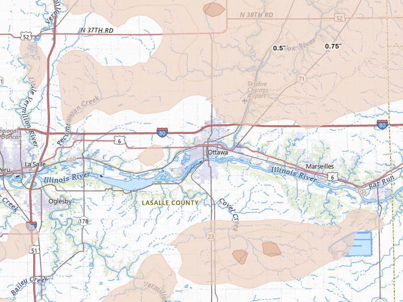 Radar-estimated hail-size map of the storm over Ottawa, IL on Aug 11, 2026