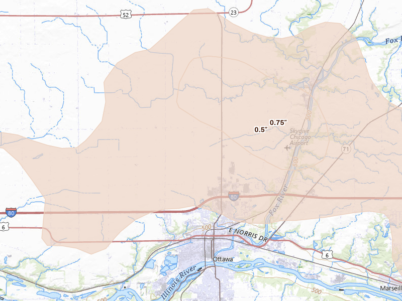 Radar-estimated hail-size map of the storm over Ottawa, IL on Aug 12, 2026