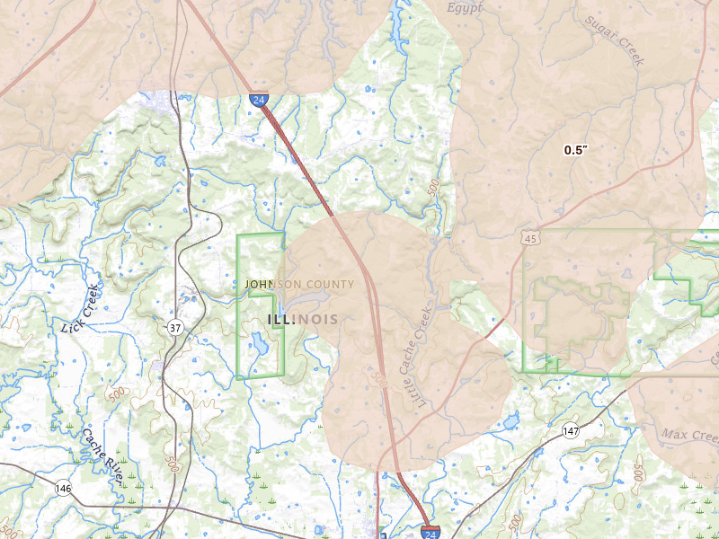 Radar-estimated hail-size map of the storm over Ozark, IL on Apr 27, 2026