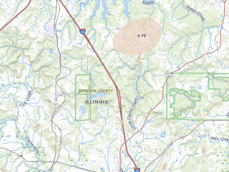 Radar-estimated hail-size map of the storm over Ozark, IL on Aug 16, 2026