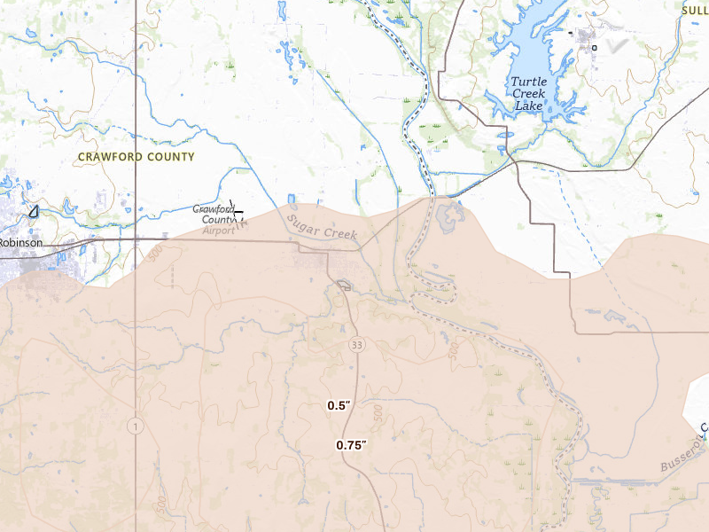 Radar-estimated hail-size map of the storm over Palestine, IL on Mar 22, 2026