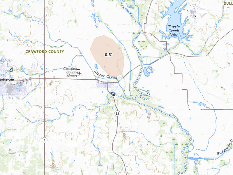 Radar-estimated hail-size map of the storm over Palestine, IL on Jul 26, 2026