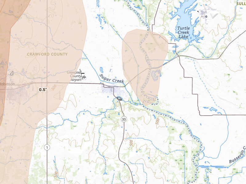 Radar-estimated hail-size map of the storm over Palestine, IL on Jul 27, 2026